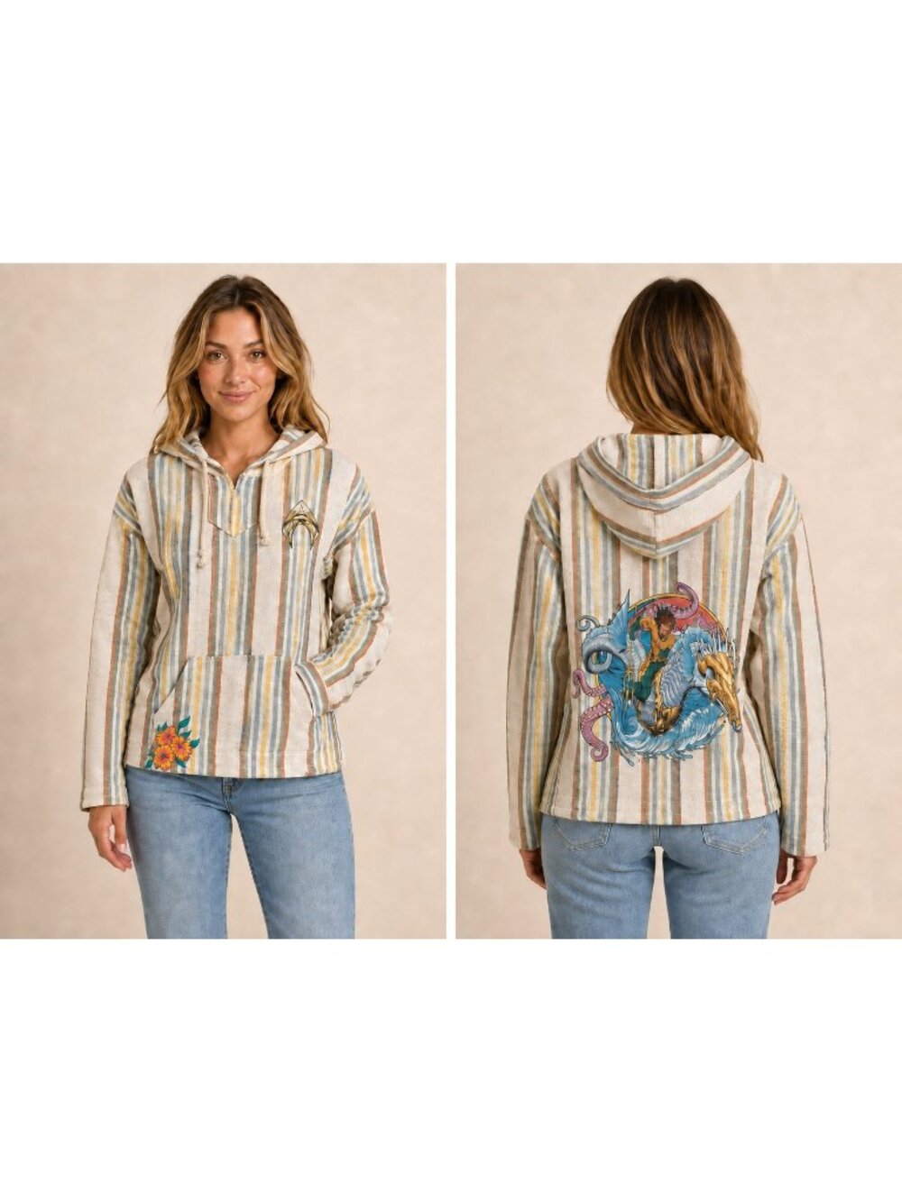 Warner Bros Hoodie Womens XS Cream Stripe DC Comics Aquaman Baja Surf Pullover